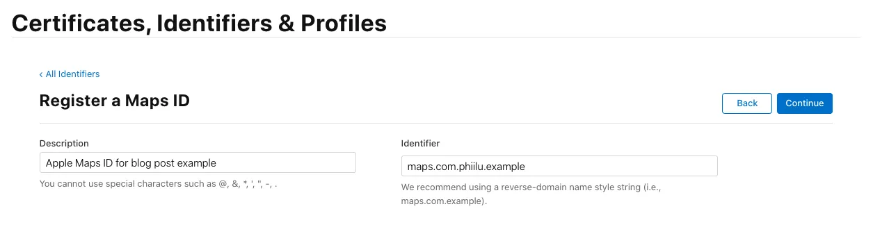 Apple Developer Console - Create Maps ID