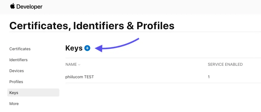 Apple Developer Console - Create Key