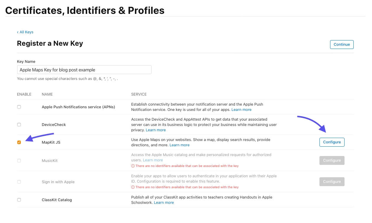 Apple Developer Console - Create MapKit JS Key