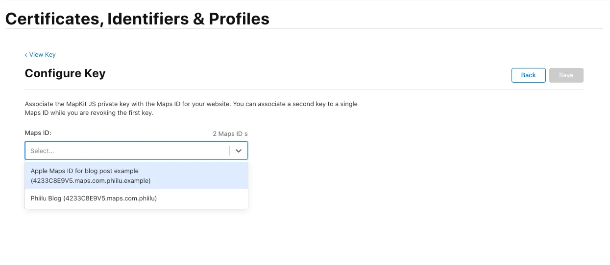 Apple Developer Console - Select Maps ID for MapKit JS Key