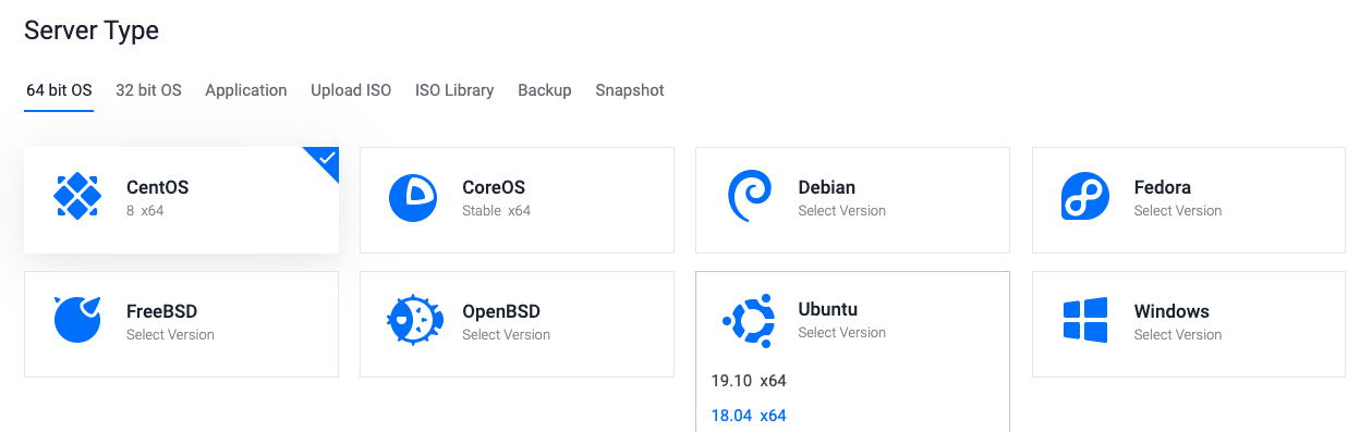 Vultr operating system options screenshot