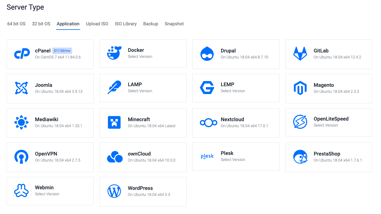 Vultr preinstalled application options screenshot